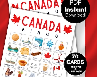 Kanada Bingo Karten, 70 Thema Kanadische Bingo, Kanadische Klassenzimmer Aktivität, Bildungs Bingo, Urlaubsreise Aktivitäten, bs701