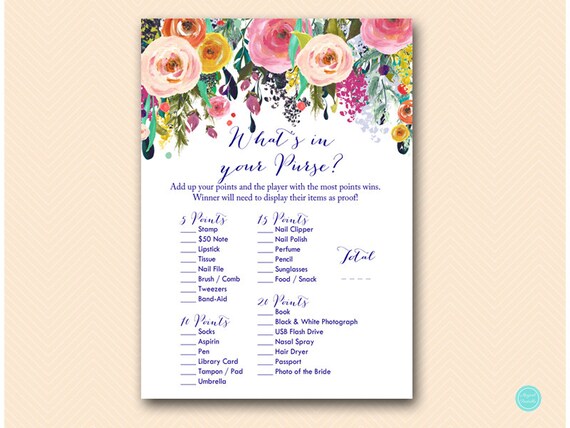 Navy Blue What's in Your Purse Purse Hunt Bridal Garden 