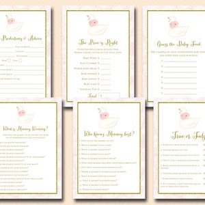 Pink Swan Baby Shower Games Package, Instant Download, baby predictions and advice, Baby Shower Game Download, Baby Shower Activities TLC627 image 1