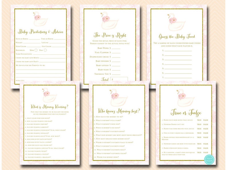 Pink Swan Baby Shower Games Package, Instant Download, baby predictions and advice, Baby Shower Game Download, Baby Shower Activities TLC627 image 1
