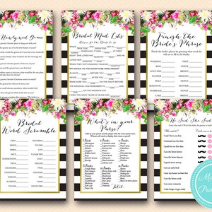 Roze bloemen bruids douche game pack, strepen, goud folie bruids douche spel downloaden, Bachelorette, bruiloft douche BS176