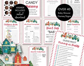 Op de afbeelding: Een verzameling babyshower spellen en borden met een feestelijk kerstthema. De ontwerpen bevatten verschillende spellen zoals "Guess the Sweet Mess" en "Guess Who? Mommy or Daddy", met de tekst "Over 40 Baby Shower Games/Signs."