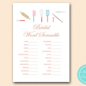 May include: A printable bridal shower game with a pink and blue color scheme. The game is called "Bridal Word Scramble" and features a list of words to unscramble. The words are related to baking and cooking.