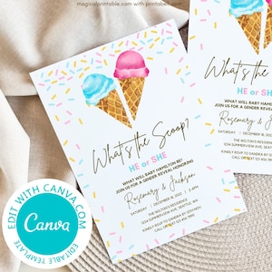Editable What&#39;s the Scoop Gender Reveal Invitation, Baby Sprinkle Invitations, Gender Reveal Invitation, Ice Cream Party, TLC734 canva