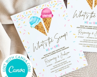 Editable What&#39;s the Scoop Gender Reveal Invitation, Baby Sprinkle Invitations, Gender Reveal Invitation, Ice Cream Party, TLC734 canva