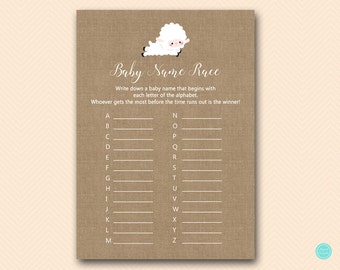 Lamb Baby name race, Alphabet baby name race game, Baby Shower Game Download, Printable Baby Shower Game TLC504