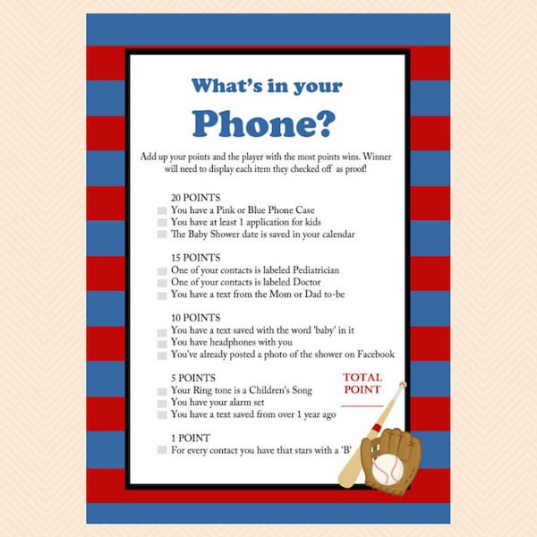 What's in your phone, cellphone game, phone Baseball Baby Shower Game Printables, All Stars, baseball theme, Sports Baby Shower Games TLC08