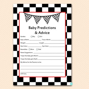 Prédictions et conseils pour bébé, Prédictions pour bébé, Jeu de baby shower de course, Course à carreaux, Modèles de baby shower de course automobile TLC113