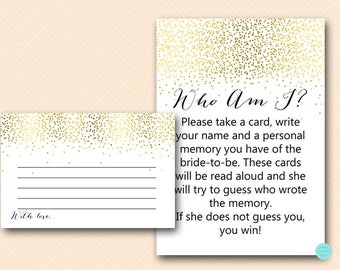 Gold Bridal Shower Games, Who Am I Game, Who Am I bridal shower Game, My Favorite Memory with Bride, Memory Lane, BS472B dd