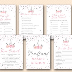 Pink Silver Unicorn Baby Shower Games Package, Instant Download, unicorn time capsule, unicorn headband making, wishes for baby girl, TLC556