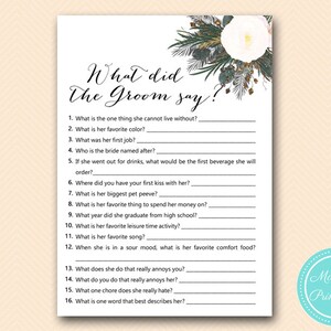 Was hat der Bräutigam gesagt, was hat er über sie gesagt, Jungvermähltenspiel, White Flower Bridal Shower Game, White Floral, Bachelorette BS437