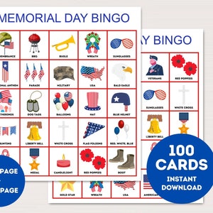 Tarjetas de bingo del Día de los Caídos, 100 tarjetas de bingo patrióticas, descarga instantánea, juegos militares imprimibles, juegos del Día de los Caídos imprimibles, bs701