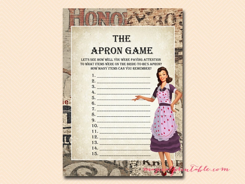 The Apron Game, 1950's Housewife Bridal Shower Game Printables, Retro ...