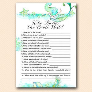 Mermaid Bridal Shower Games, Who knows the Bride Best Game Printable, Bridal Shower Game, Bridal Shower Games Instant Download BS446