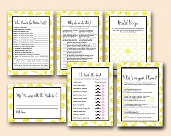 Summer Lemon Bridal Shower Game Printable, Lemonade, Who knows bride, Why do we do that, Who am I, He Said She Said, Citrus. Yellow, BS455
