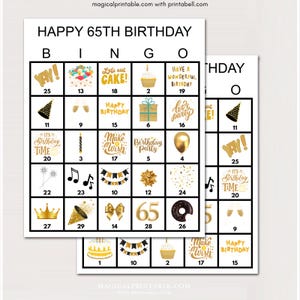 100 cartes de bingo pour le 65e anniversaire, bingo imprimable pour le 65e anniversaire, bingo de fête d'anniversaire en or, jeux d'anniversaire amusants, jeu de bingo pour anniversaire, bs701