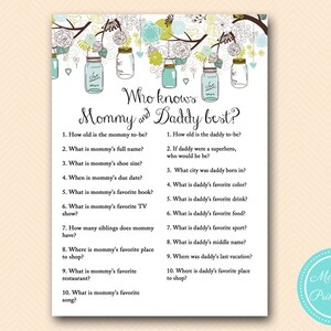 Who knows mommy daddy best, coed game,  Mason Jars Baby Shower, Baby Shower Games & Activities, Instant Download Games Printable TLC146