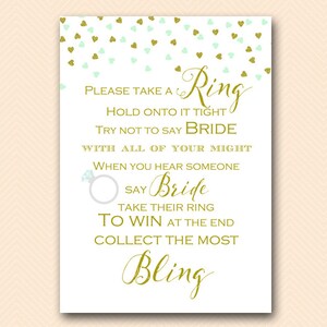 Mint Gold Bridal Shower Games, Dont Say Bride Game, Don&#39;t Say Game, Put a Ring on it Game, Bridal Shower Game, Shower Games Download BS488