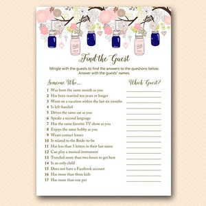 Pink Blue Mason Jars  Bridal Shower Games, Find the Guest Bridal Shower Game, Bridal Shower Game, Bridal Shower Games Instant Download BS479