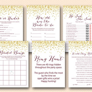 Gold and Maroon Bridal Shower Games Package, Instant Download, over or under, ring hunt, bridal bingo, he said she said, how old bride, BS46