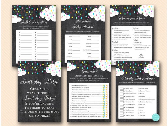 Rainbow Rain and Clouds Baby Shower Games Package Deal, phone game, celebrity baby names, guess who mom or dad, baby item game TLC558 Il_570xn