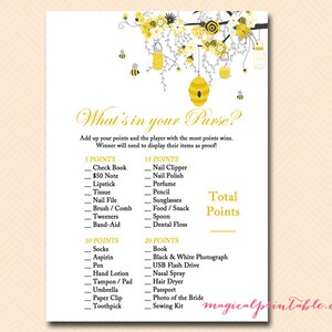 What's in your purse, purse hunt, Honey Bee Bridal Shower Activities, Unique Bridal Shower Games, Bachelorette, Wedding Shower Games BS29