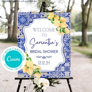 Panneau de bienvenue modifiable en carreaux bleus et citrons, mariage citron, anniversaire citron, panneau de baby shower citrons, décoration de baby shower aux agrumes, toile TLC745