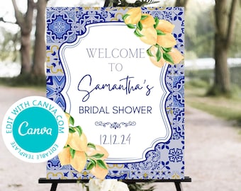 May include: A blue and white tiled welcome sign with a lemon branch design. The sign says "Welcome to Samantha's Bridal Shower 12.12.24".
