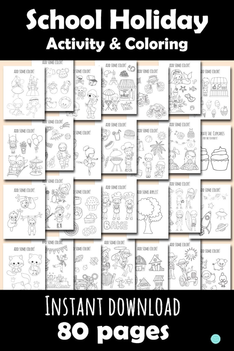 80 Pages School Holiday Coloring and Activities book Pages, Instant Download File, Holiday Fun Book, Summer Holiday Coloring Book BP669n image 2