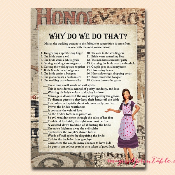 Why do we do that, wedding tradition game, 1950's Housewife Bridal Shower Game Printables, Retro bridal shower, Wedding Shower Games BS119