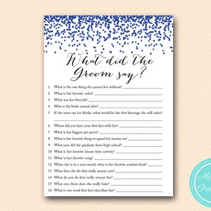 Navy What did the Groom Say, What did he say about her, The Newlywed Game, Navy Bridal Shower, Bachelorette, Wedding Shower BS408