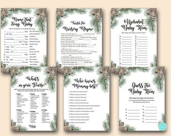 May include: A set of printable baby shower games with a woodland theme. The games include "Name That Song Baby", "Finish the Nursery Rhyme", "Alphabet Baby Item", "What's in Your Purse", "Who Knows Mommy Best", and "Guess the Baby Item".