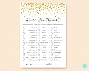 Gold Would SHE rather bridal shower game, Who knows the Bride Best, Gold Bachelorette Game, Gold hen party game BS46 bs472