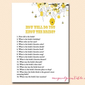 How well do you know bride, Honey Bee Bridal Shower Activities, Unique Bridal Shower Games, Bachelorette Games, Wedding Shower Games BS29