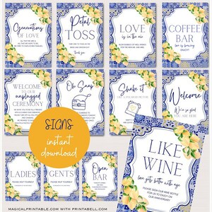 Blue Tiles and Lemons Wedding Signs, Lemons Wedding, Italian Wedding, Citrus Wedding Decorations, Wedding Table Signs, TLC745