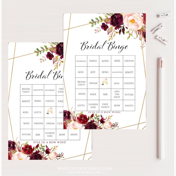 50 Prefilled Bridal Shower Bingo Cards, Bridal Shower Bingo, Instant Download, Printable Bridal Shower Game, Burgundy Bridal Bingo, BS649 Il_570xn