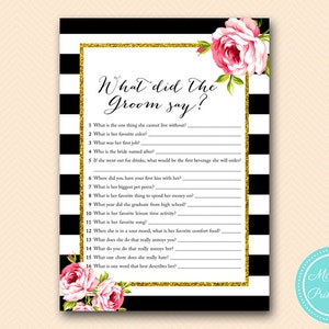 Was hat der Bräutigam gesagt, was hat er über sie gesagt, Jungvermählten-Spiel, Schwarze Streifen, Rosa Blumen-Brautparty, Bachelorette-Spiel BS10B BS10