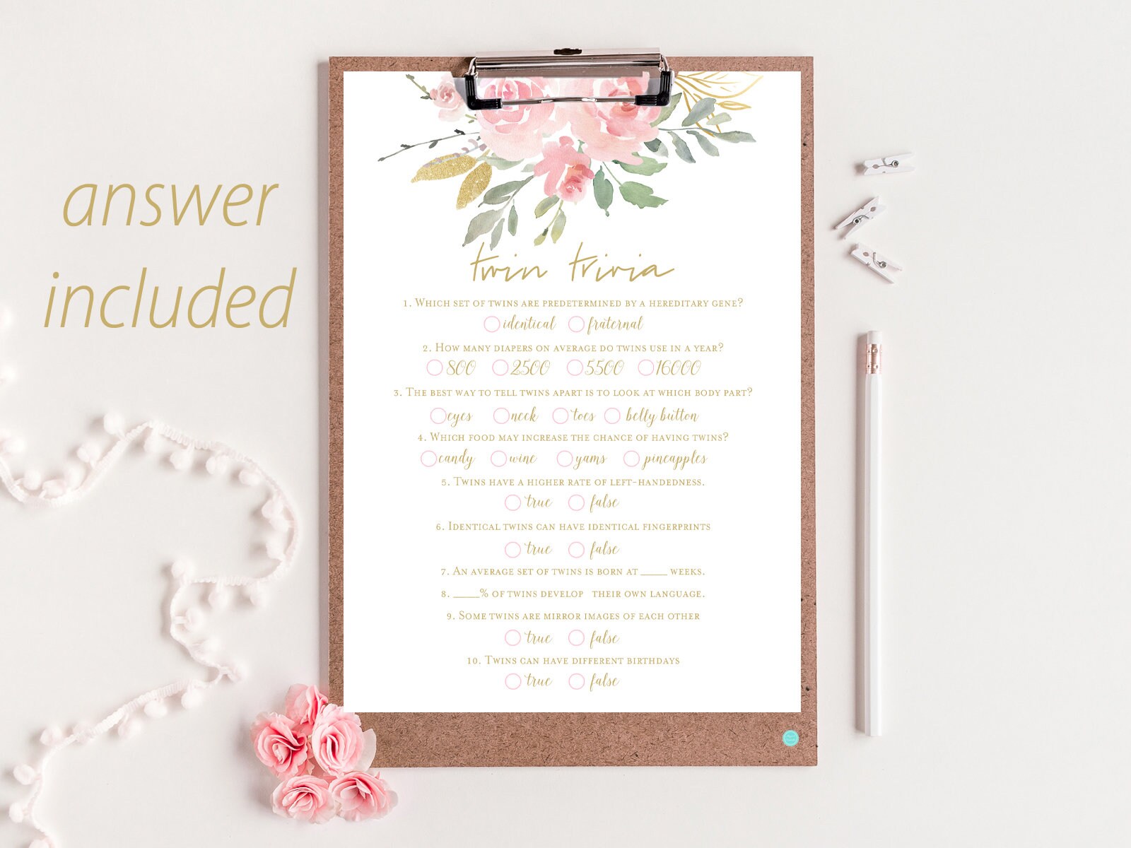 Twin trivia, baby shower quiz, twin girls baby shower game, Baby Trivia, Baby Facts, Twin Baby Shower, Pink and Gold, Blush and Gold, TLC685