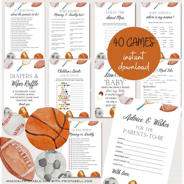 Over 40 Sports Baby Shower Games Bundle, Sports Themed Baby Shower, AllStar Baby Shower, All Star Baby Shower Games Template, TLC751