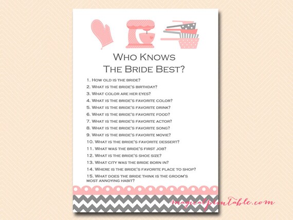 Pink Who knows the Bride best, Kitchen Theme, Cooking Theme, Kitchen Bridal Shower Game Printables, Bachelorette, Wedding Shower Game BS76 Il_570xn