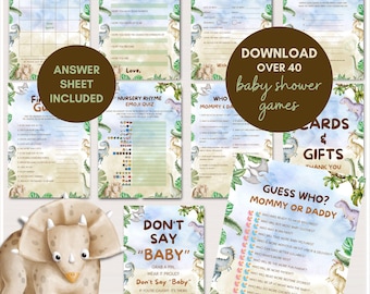 Paquete de juegos para baby shower con temática de dinosaurios, baby shower con temática de dinosaurios, plantilla de juegos para baby shower con temática de dinosaurios, TLC787