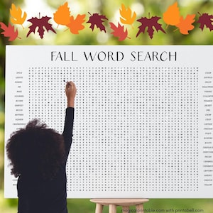 May include: A black and white word search puzzle with the words "Fall Word Search" at the top. The puzzle features words related to the fall season, such as "leaves", "pumpkin", "harvest", and "bonfire".