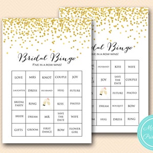 Juego de bingo nupcial virtual, 50 tarjetas de bingo nupcial, bingo nupcial imprimible Gold Confetti Bridal Shower, Bachelorette, Bingo precargado BS46