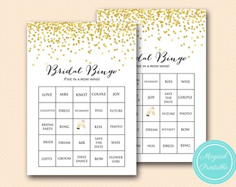 Virtual Bridal bingo game, 50 bridal bingo cards, bridal bingo printable Gold Confetti Bridal Shower, Bachelorette, Prefilled Bingo BS46