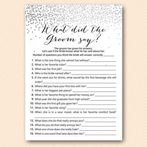 Silver Confetti Bridal Shower Games, What did the Groom Say, What did he say about her, Newlywed Game, Bridal Shower Game, Download BS541B