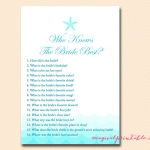 who knows the bride best, how well do you know bride, Nautical, Sea, Starfish, Beach Bridal Shower Games, Bachelorette, Wedding Shower BS28