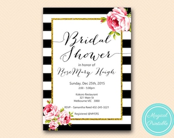 Black Stripes Pink Floral Bridal Shower Invitation, Baby Shower Invitation, Personalized Printable Invitation BS10B BS10