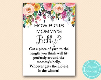 qué tan grande es la barriga de mamá, corta un hilo, adivina el tamaño, juego de barriga de mamá con jardín floral, juegos elegantes de baby shower, actividades de baby shower TLC140