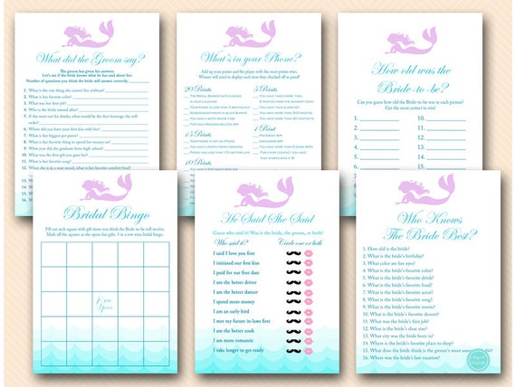 Mermaid Bridal Shower Games Package, Sea waves, Who knows bride, what did groom say, phone game, Beach Bridal Shower, Bachelorette Game BS28 Il_570xn