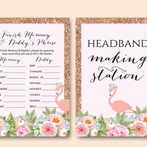 Rose Gold Flamingo Baby Shower Games Package, Instant Download, Wishes for Baby, Headband station, babies are sweet, diaper raffle tlc544 image 2